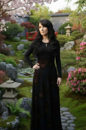 Empire waist, long-sleeve maxi dress with mesh overlay and brown floral velvet stencil atop the mesh.