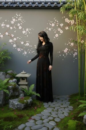 Empire waist, long-sleeve maxi dress with mesh overlay and brown floral velvet stencil atop the mesh.