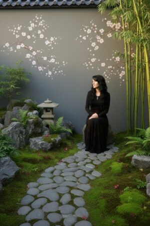 Empire waist, long-sleeve maxi dress with mesh overlay and brown floral velvet stencil atop the mesh.