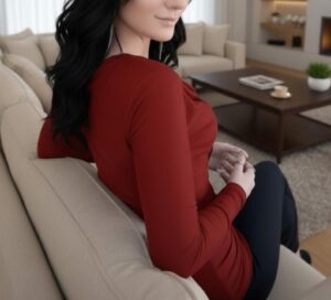 Fire red long-sleeve cowl neck modal top with finger cutouts.