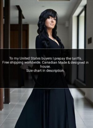 Flowy and breathable bamboo sleeveless maxi cocktail dress in navy blue, with draping detail flowing from the plunging neckline down through the bust.