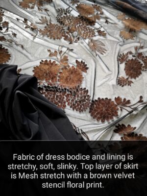 Empire waist, long-sleeve maxi dress with mesh overlay and brown floral velvet stencil atop the mesh.