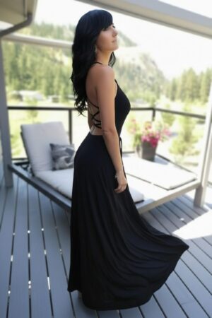 Open back, high neck maxi dress, with criss-cross string detail in the back.