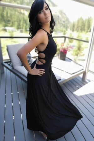 Open back, high neck maxi dress, with criss-cross string detail in the back.