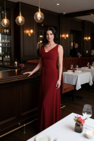 Exposed back scarlet red long cowl neck maxi dress.