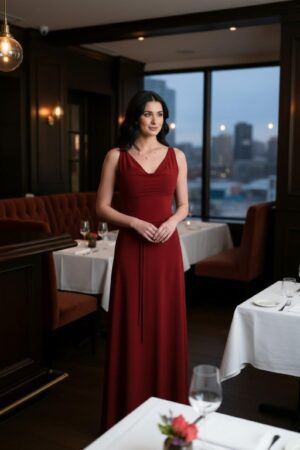 Exposed back scarlet red long cowl neck maxi dress.