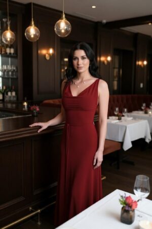Exposed back scarlet red long cowl neck maxi dress.