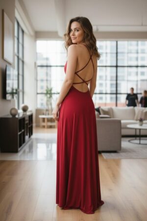 Exposed back scarlet red long cowl neck maxi dress.