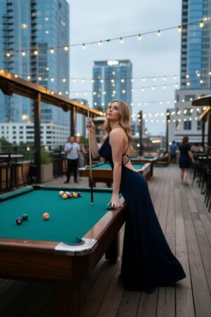 Open back navy cowl neck maxi dress.