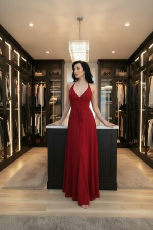 Open back scarlet red silky smooth floor length fitted maxi dress.