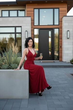 Open back scarlet red silky smooth floor length fitted maxi dress.