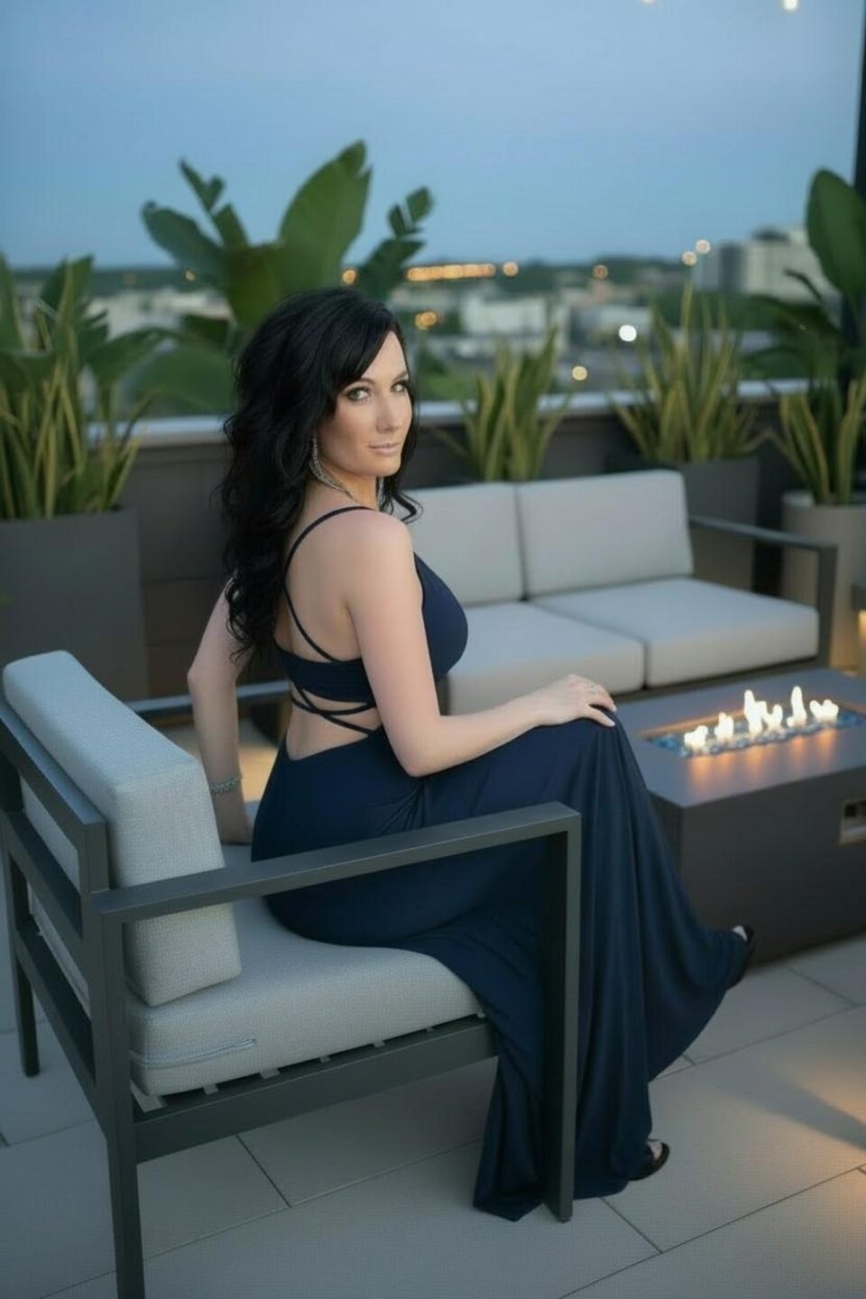 Exposed Back Navy Blue Floor Length Fitted Maxi Dress