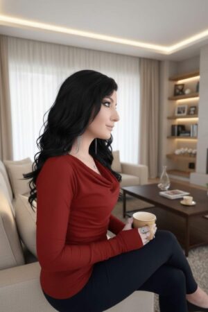 Fire red long-sleeve cowl neck modal top with finger cutouts.