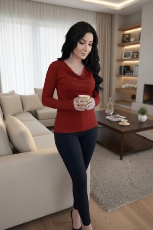 Fire red long-sleeve cowl neck modal top with finger cutouts.