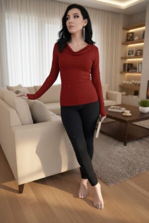 Fire red long-sleeve cowl neck modal top with finger cutouts.