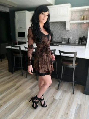 Black Mesh Cardigan with Brown Velvet Stencil, Long Sleeve Layering Top
