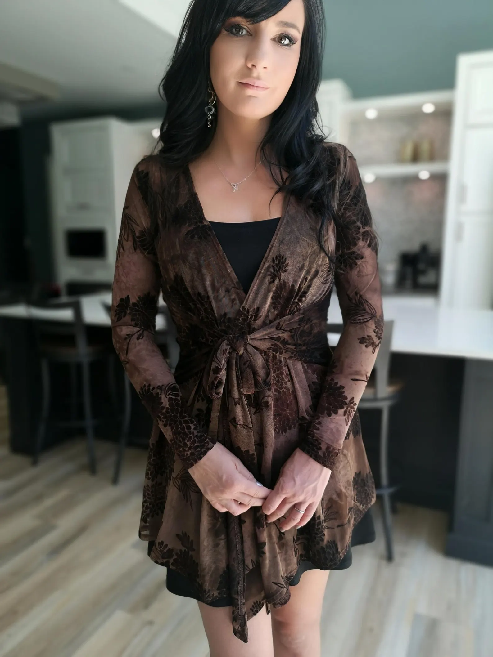 Black Mesh Cardigan with Brown Velvet Stencil, Long Sleeve Layering Top