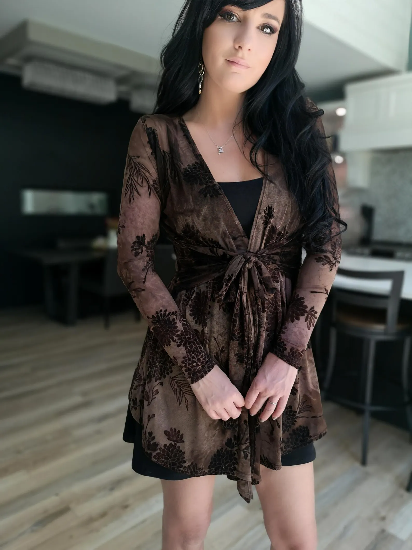 Black Mesh Cardigan with Brown Velvet Stencil, Long Sleeve Layering Top