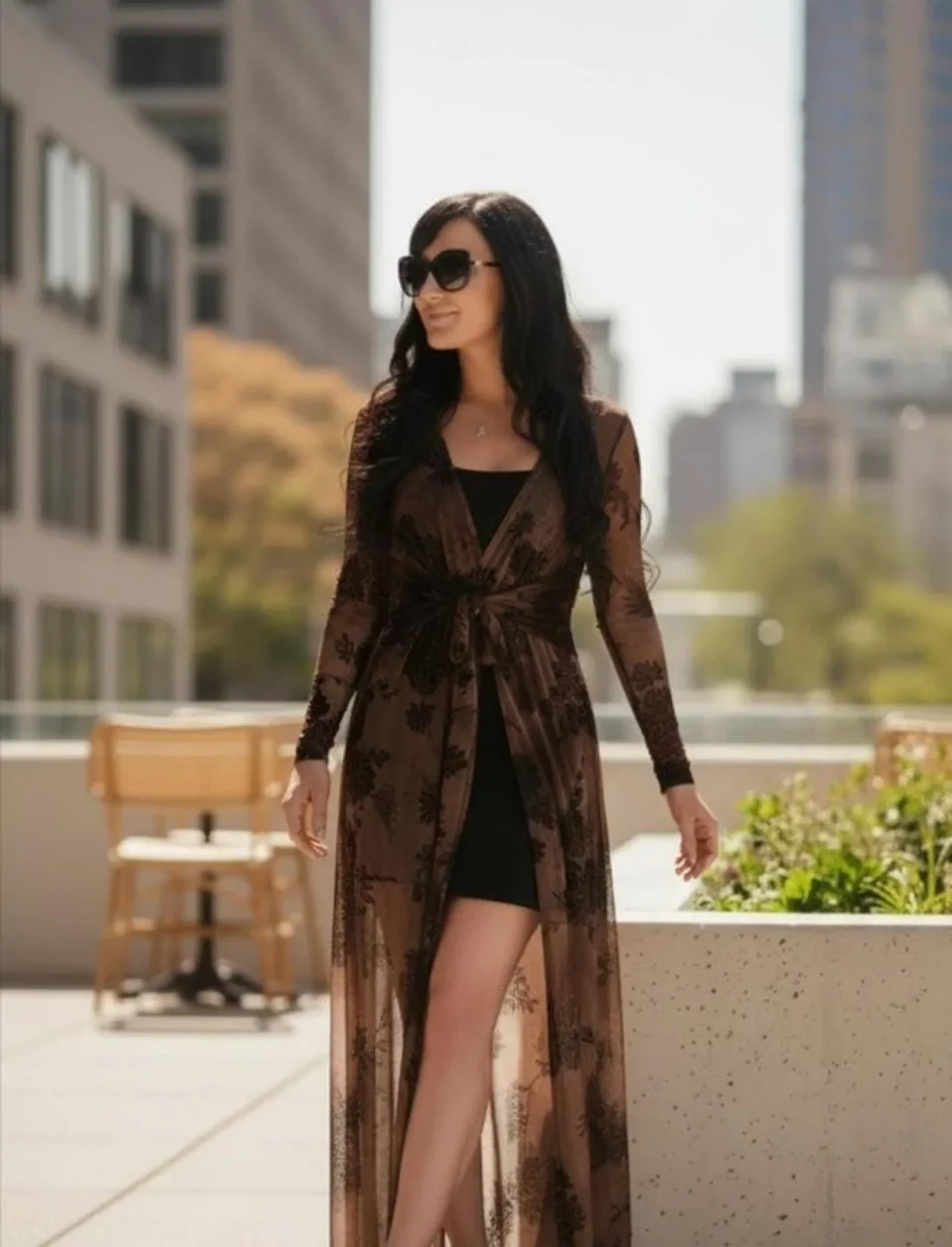 Long Brown Cardigan with Waist Tie, Lightweight Mesh Style
