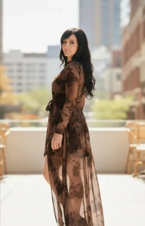 Long Brown Cardigan with Waist Tie, Lightweight Mesh Style
