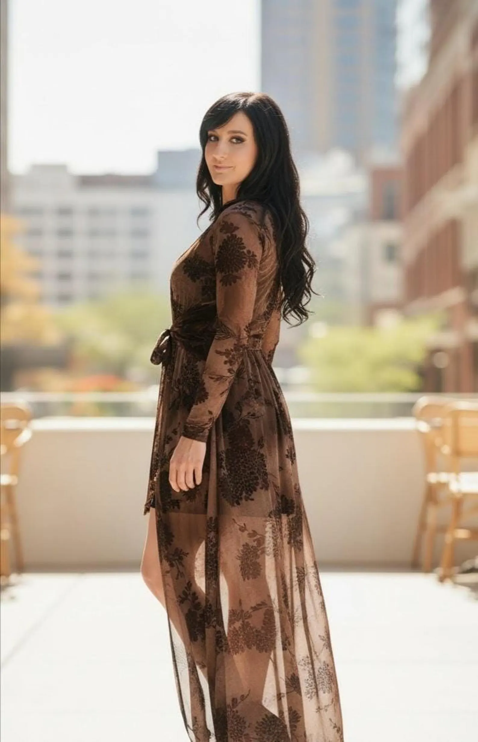 Long Brown Cardigan with Waist Tie, Lightweight Mesh Style