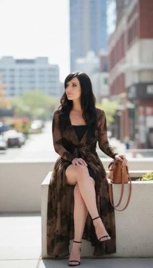 Long Brown Cardigan with Waist Tie, Lightweight Mesh Style