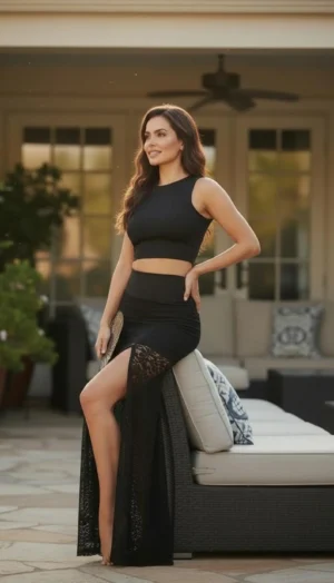 Black Lace Skirt, Single Slit Mermaid Style with Stretchy Waistband