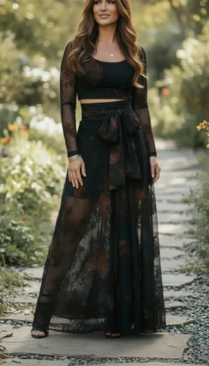 Black Mesh Skirt with Detachable Tie, High Waist and Floral Print