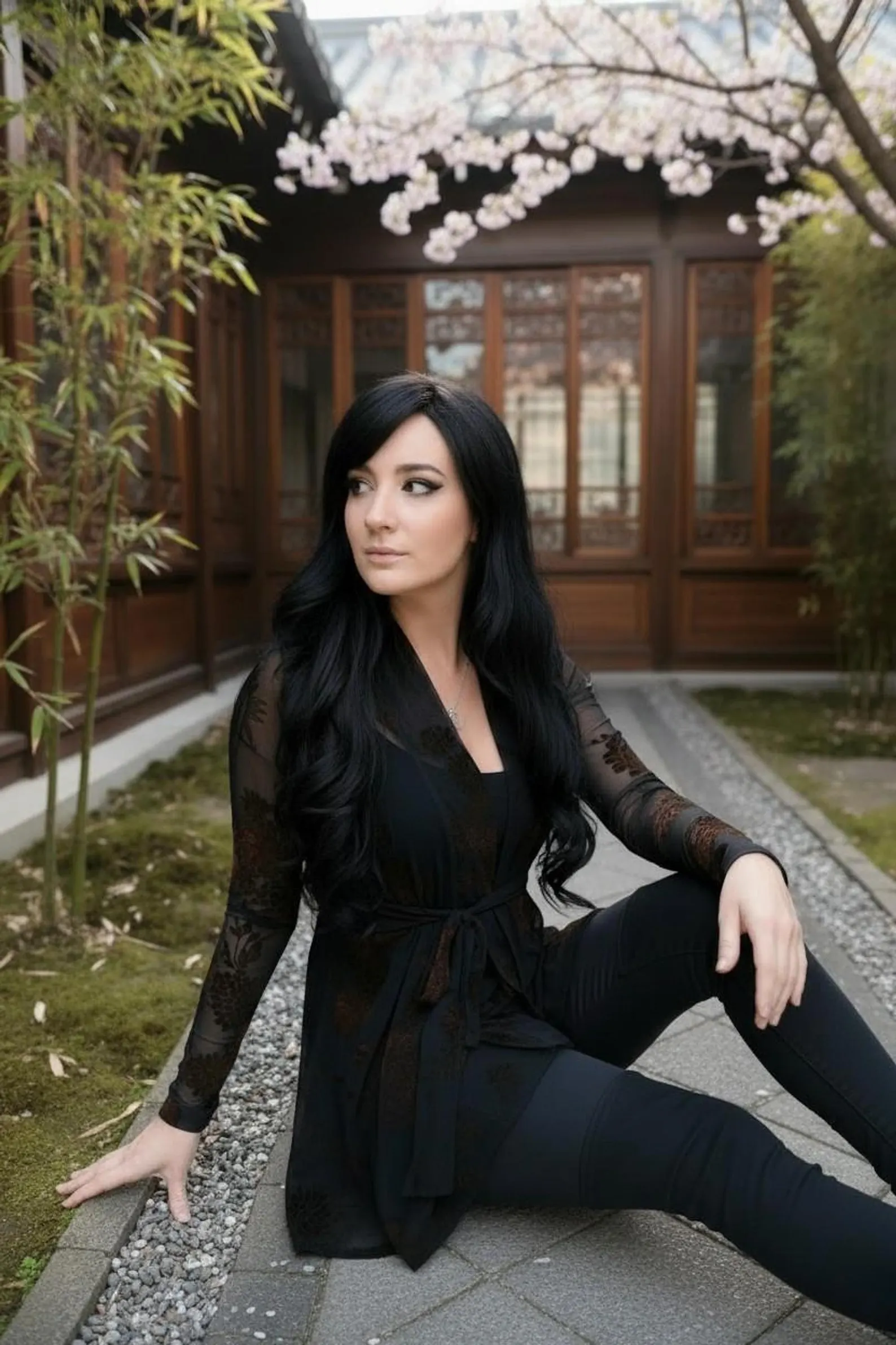 Long Sleeve Cardigan in Black Mesh with Brown Velvet Stencil