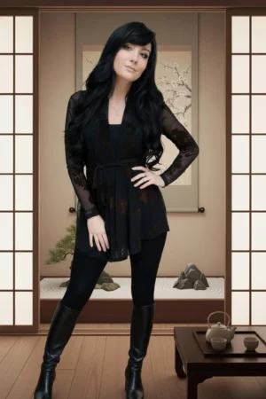 Long Sleeve Cardigan in Black Mesh with Brown Velvet Stencil