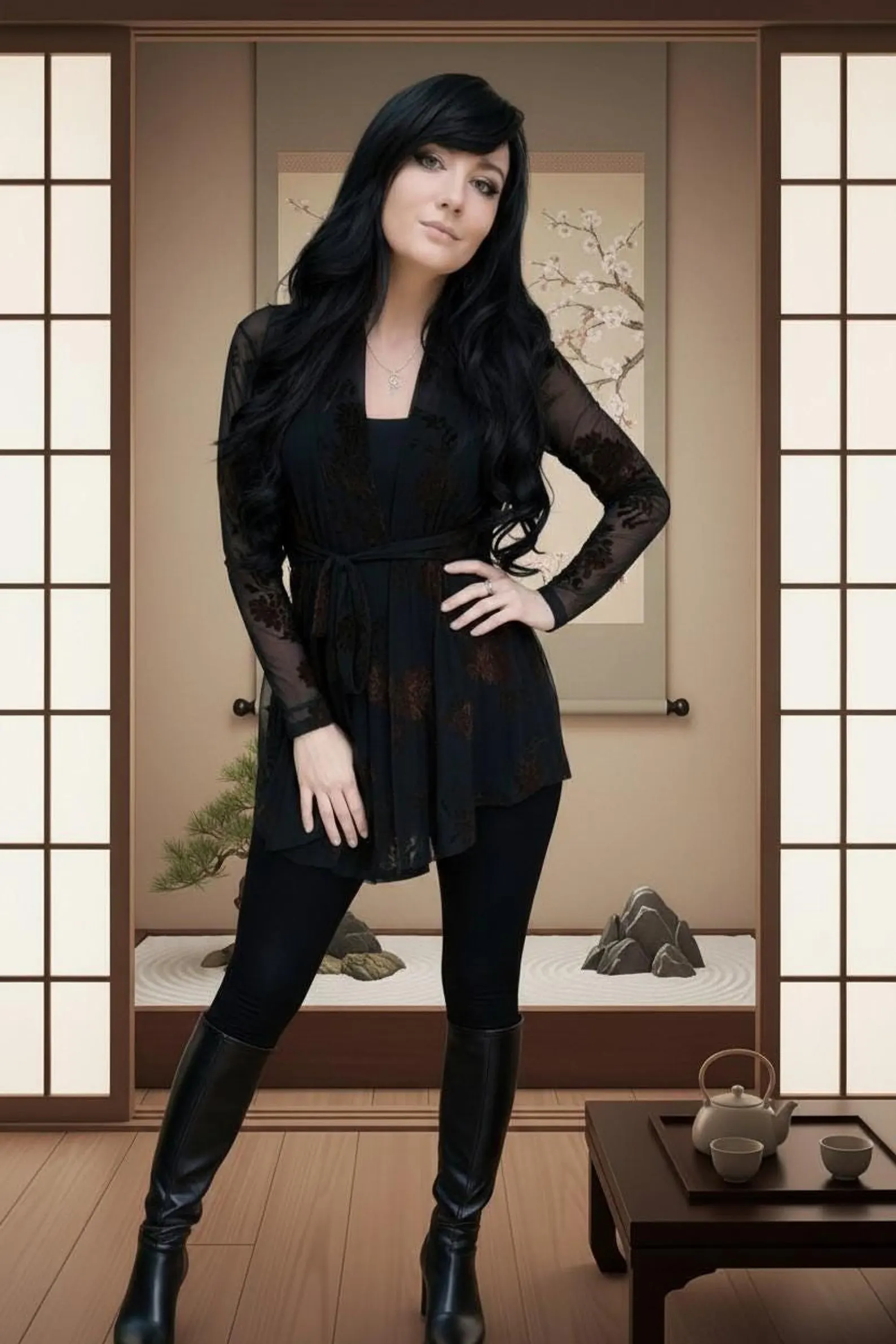 Long Sleeve Cardigan in Black Mesh with Brown Velvet Stencil