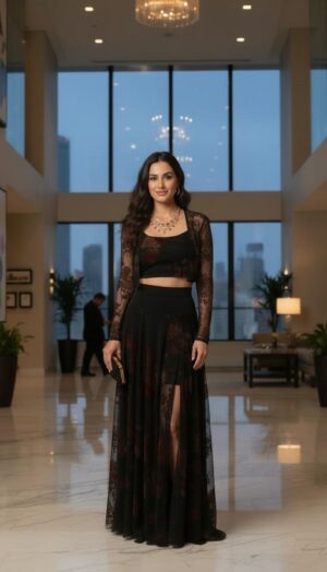 Black Mesh Jacket with Long Sleeves and Brown Velvet Stencil