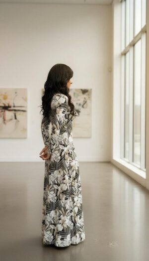 Tropical Maxi Dress, Long Sleeve Black White Taupe Style