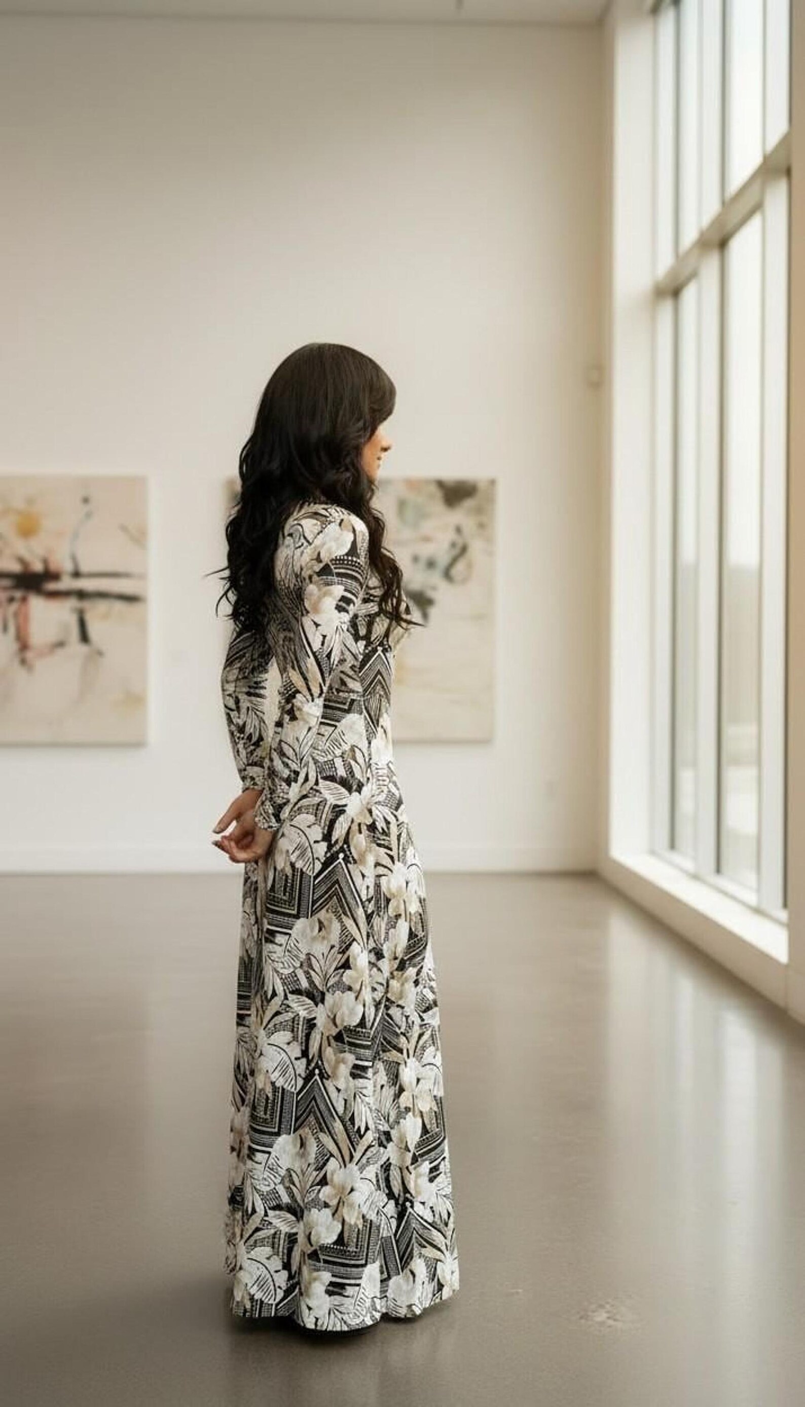 Tropical Maxi Dress, Long Sleeve Black White Taupe Style