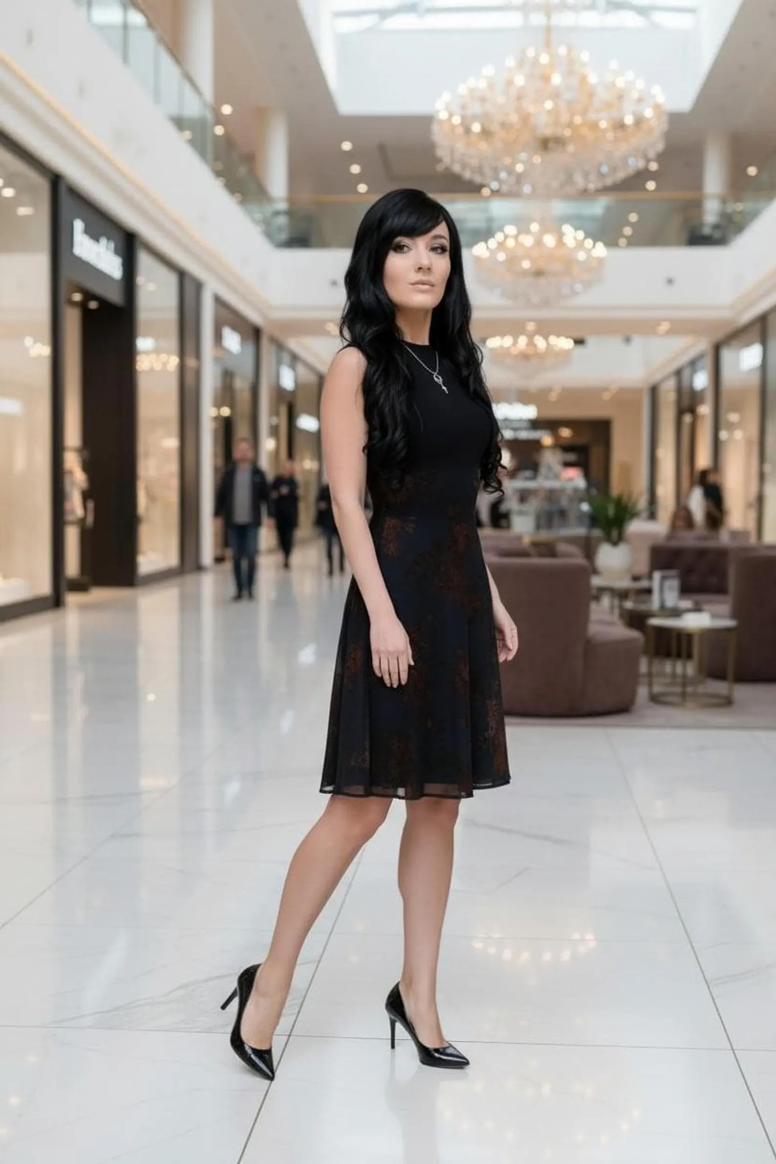Black Mesh Dress with Velvet Floral Stencil Overlay