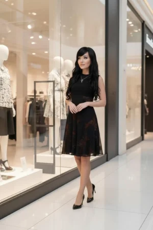Black Mesh Dress with Velvet Floral Stencil Overlay