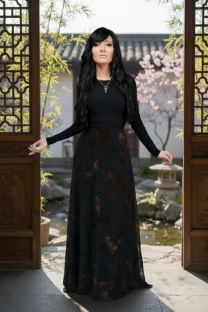 Black Wrap Dress with Mesh Overlay and Reversible Design