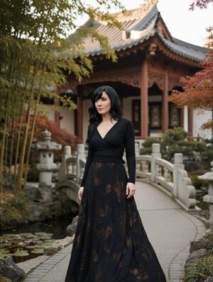 Black Wrap Dress with Mesh Overlay and Reversible Design