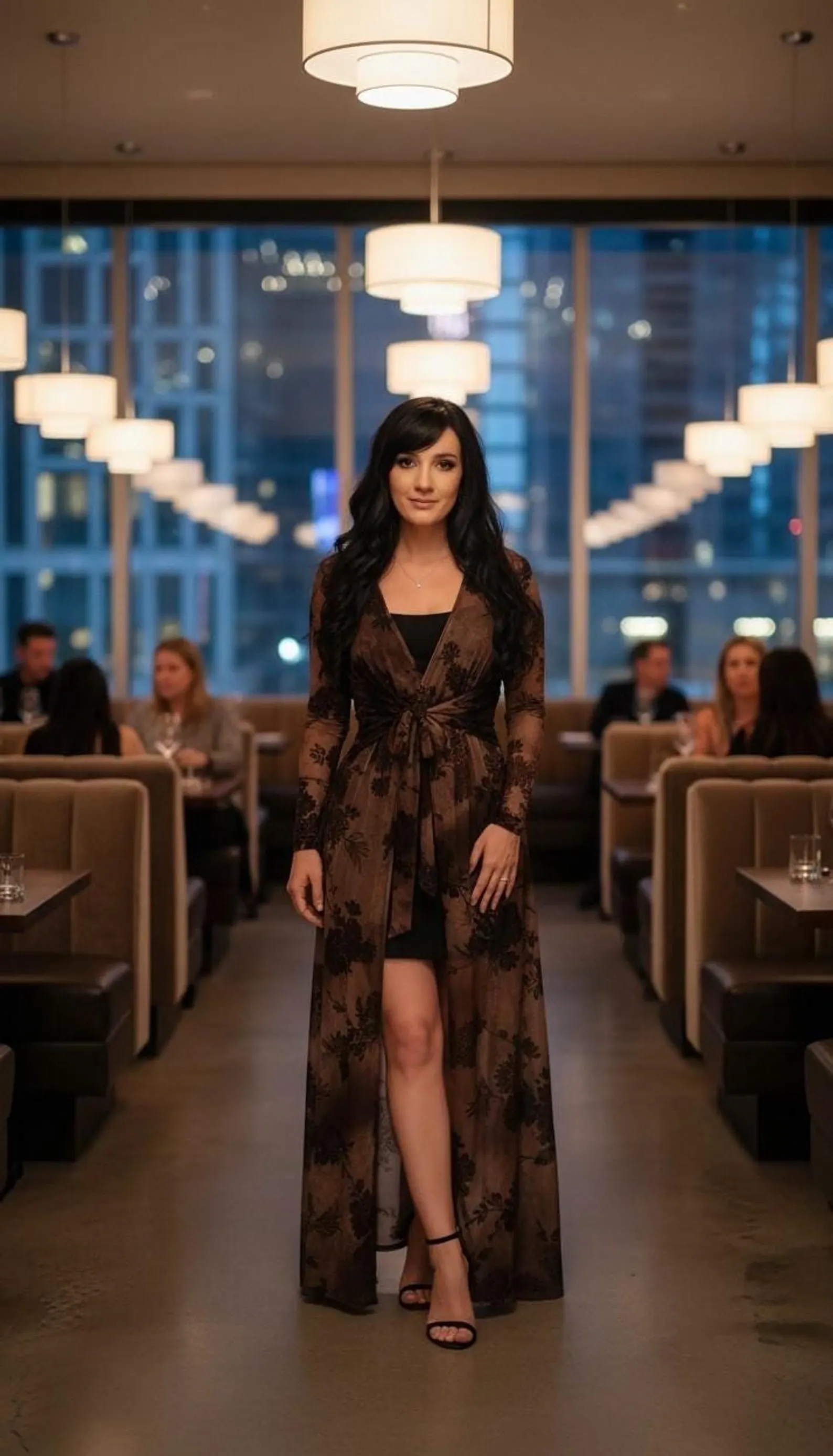 Long Brown Cardigan with Waist Tie, Lightweight Mesh Style