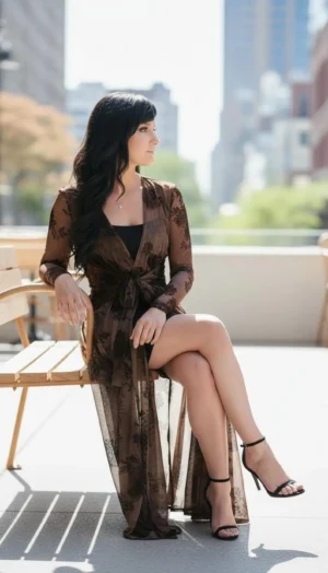Long Brown Cardigan with Waist Tie, Lightweight Mesh Style