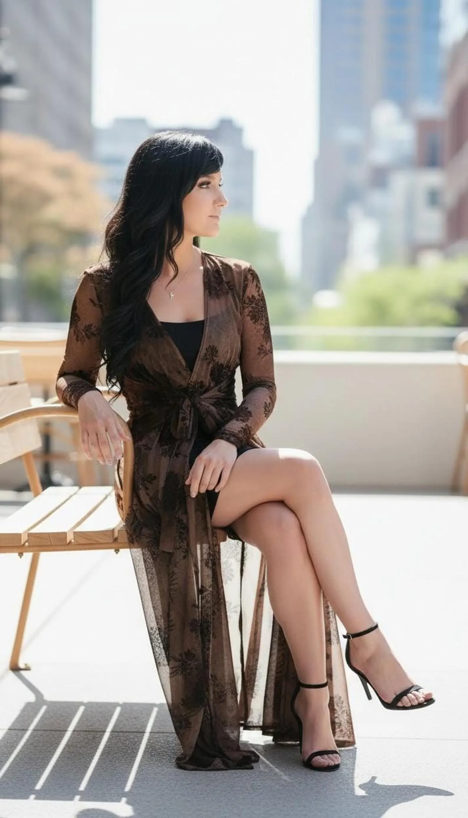 Long Brown Cardigan with Waist Tie, Lightweight Mesh Style