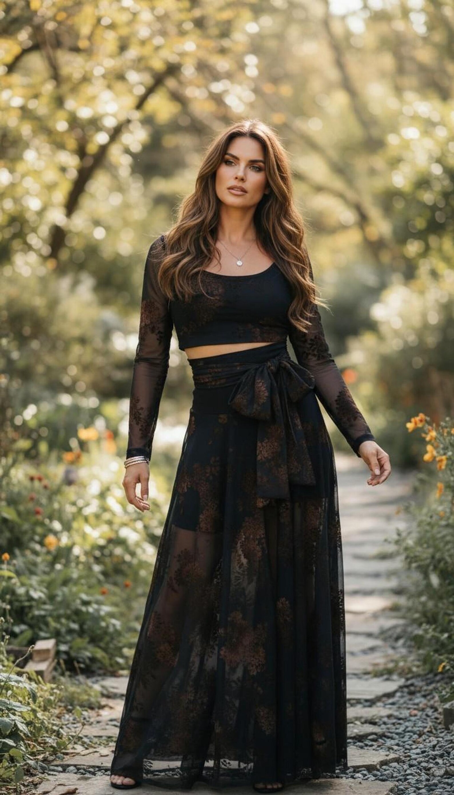 Black Crop Top with Long Sleeves and Floral Mesh Design