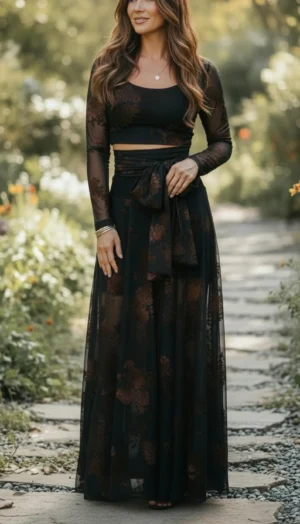 Black Mesh Skirt with Detachable Tie, High Waist and Floral Print