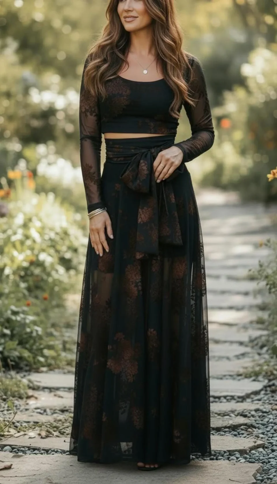 Black Mesh Skirt with Detachable Tie, High Waist and Floral Print