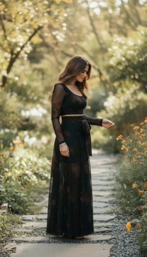 Black Mesh Skirt with Detachable Tie, High Waist and Floral Print
