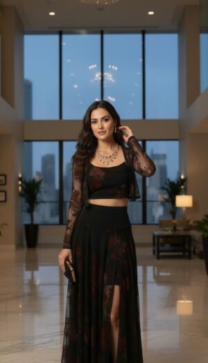 Black Mesh Jacket with Long Sleeves and Brown Velvet Stencil