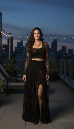 Black Mesh Jacket with Long Sleeves and Brown Velvet Stencil