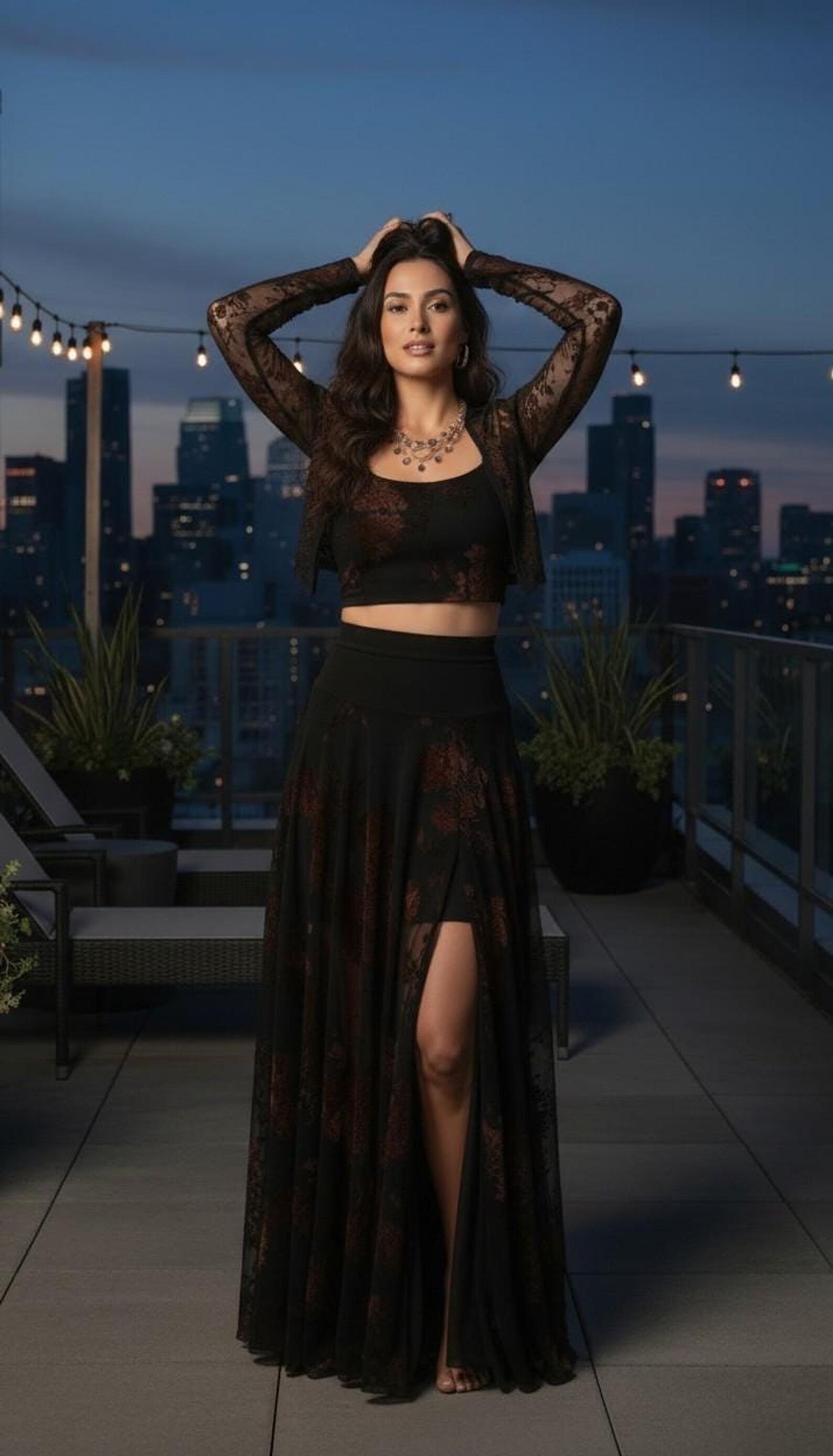 Black Mesh Jacket with Long Sleeves and Brown Velvet Stencil