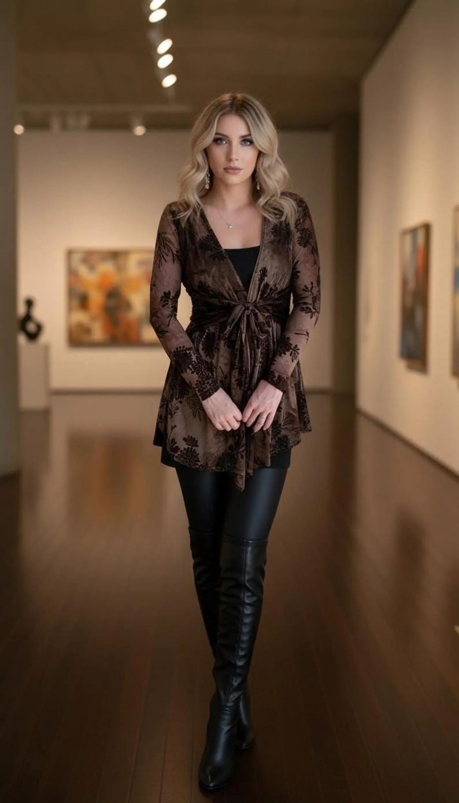 Black Mesh Cardigan with Brown Velvet Stencil, Long Sleeve Layering Top