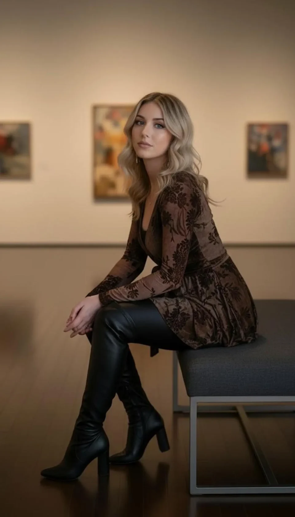 Black Mesh Cardigan with Brown Velvet Stencil, Long Sleeve Layering Top